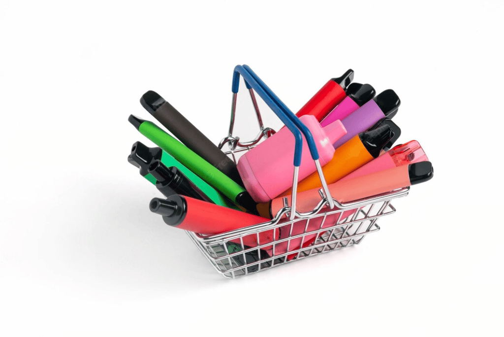 A set of colorful disposable electronic cigarettes in a grocery basket on a white